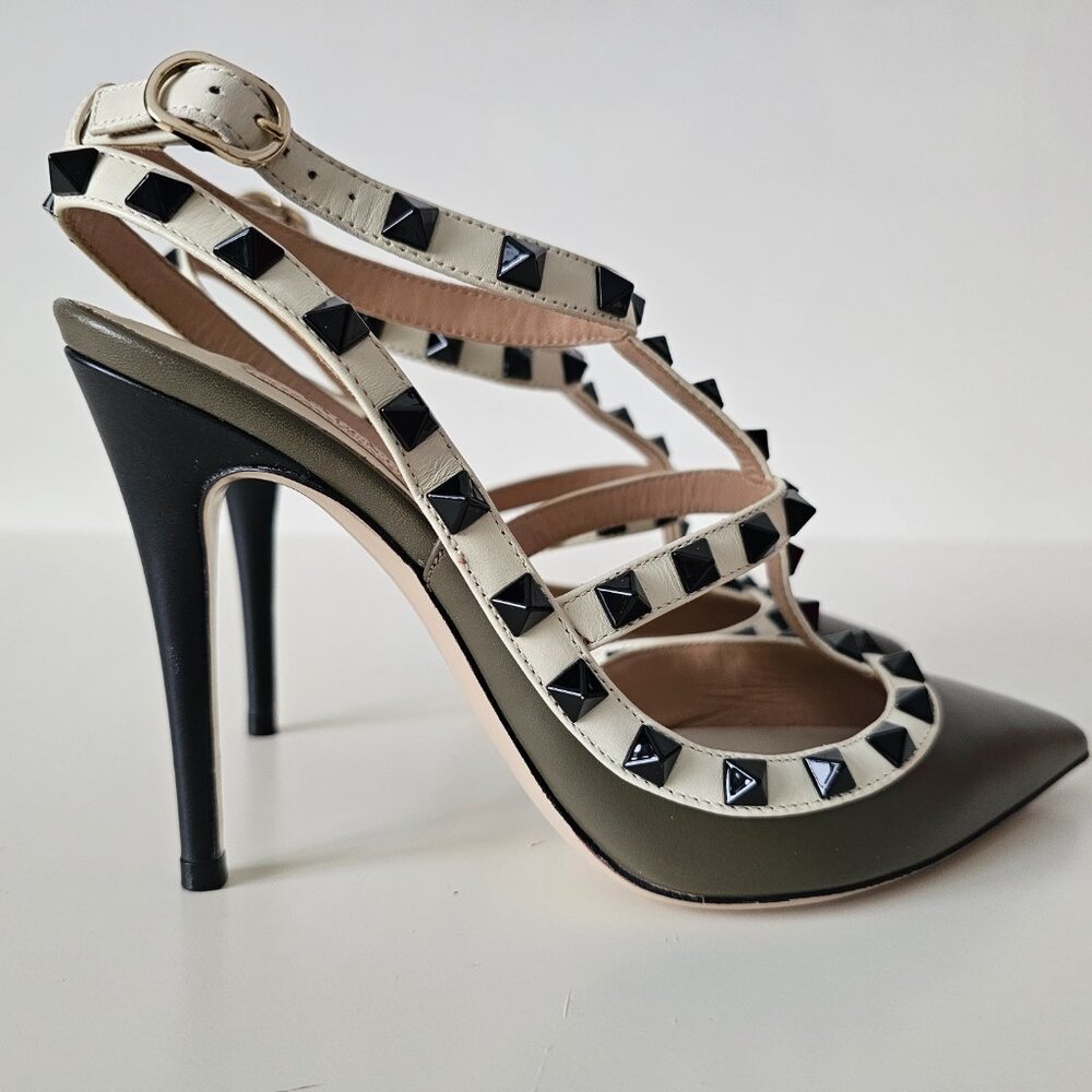 AUTH VALENTINO GARAVANI Rockstud Taupe Green Ankle Strap Shoe Heels 36/6, 100mm - Picture 10 of 15